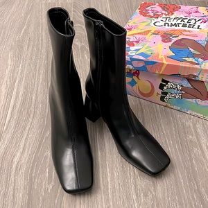 Jeffrey Campbell Jerema Square Toe Black Leather Ankle Boots Bootie